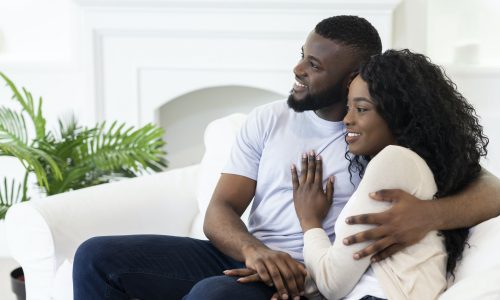 Young couple sitting at home and thinking about future together